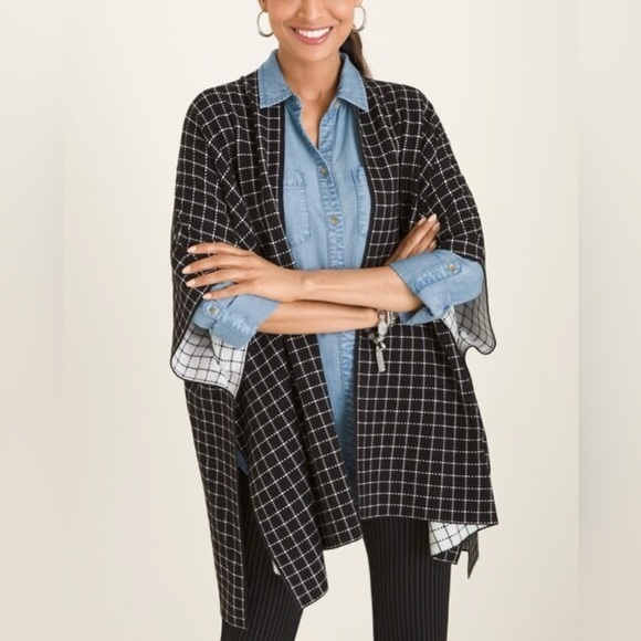 Chicos Womens Wrap L/XLGridline Print Ruana Shawl Cape Black - Picture 1 of 7